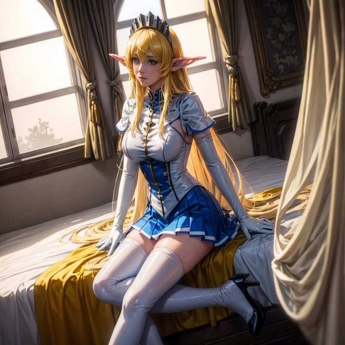 high resolution, masterpiece, high quality, Perfect face, Perfect eyes, Princess Nina Aslato, Long blond hair, Long elf ears, Headdress, Blue tights, mini skirt, High heel, Bring your feet together, White Elbow Gloves, Huge breasts, hapiness, Bedroom Background (indoors) sunset through the window