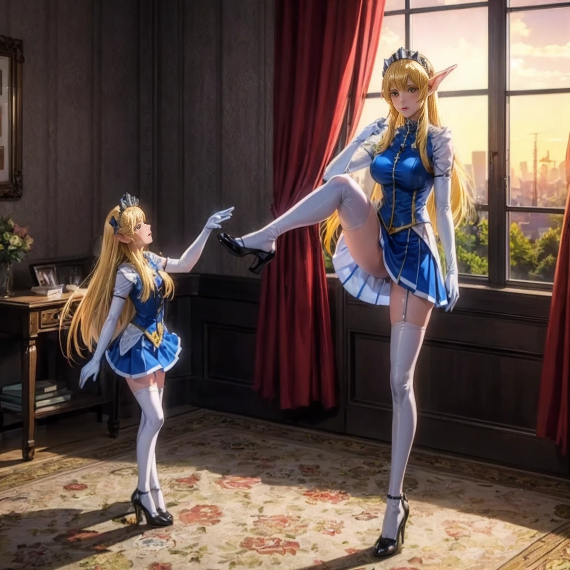 high resolution, masterpiece, high quality, Perfect face, Perfect eyes, Princess Nina Aslato, Long blond hair, Long elf ears, Headdress, Blue tights, mini skirt, High heel, Bring your feet together, White Elbow Gloves, Huge breasts, hapiness, Bedroom Background (indoors) sunset through the window