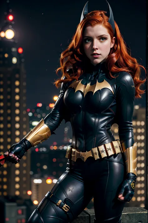 batgirl, red hair, black bodysuit, gold bat symbol, gloves and boots, detailed utility belt, athletic build, nighttime in gotham...