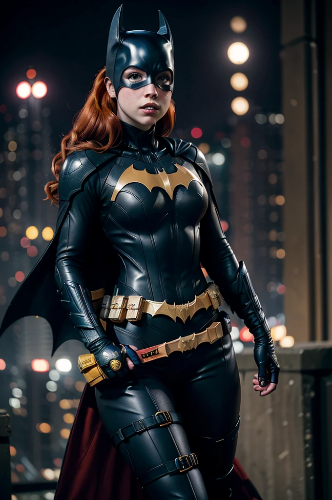 Batgirl, red hair, black bodysuit, gold bat symbol, gloves And boots, detailed utility belt, athletic build, nighttime in Gotham City, Anna Kendrick 