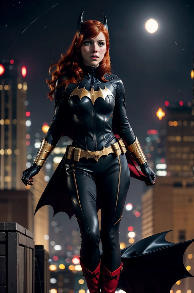 Batgirl, red hair, black bodysuit, gold bat symbol, gloves And boots, detailed utility belt, athletic build, nighttime in Gotham City, Anna Kendrick 