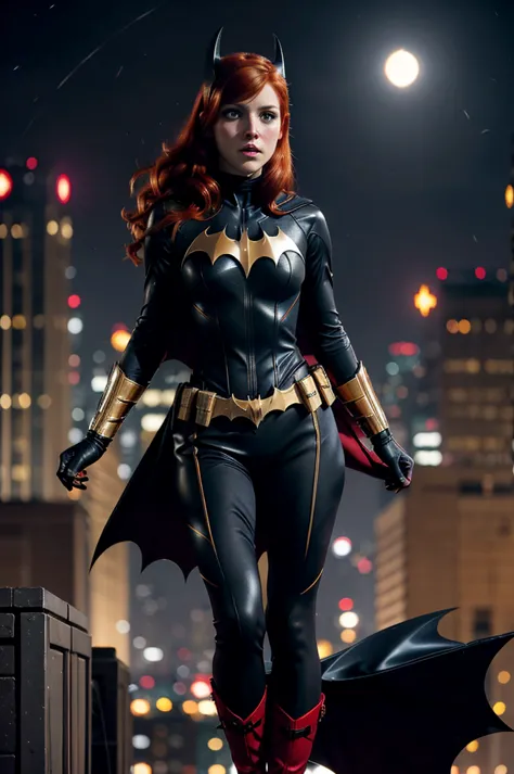 batgirl, red hair, black bodysuit, gold bat symbol, gloves and boots, detailed utility belt, athletic build, nighttime in gotham...