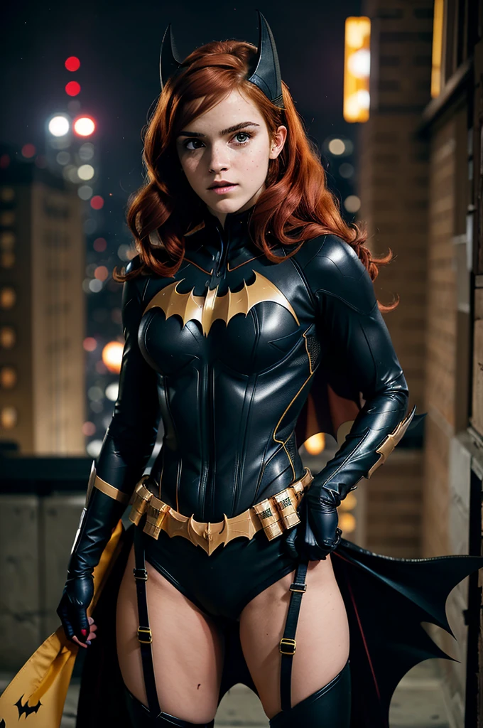 Batgirl, red hair, black bodysuit, gold bat symbol, gloves And boots, detailed utility belt, athletic build, nighttime in Gotham City, Emma Watson 