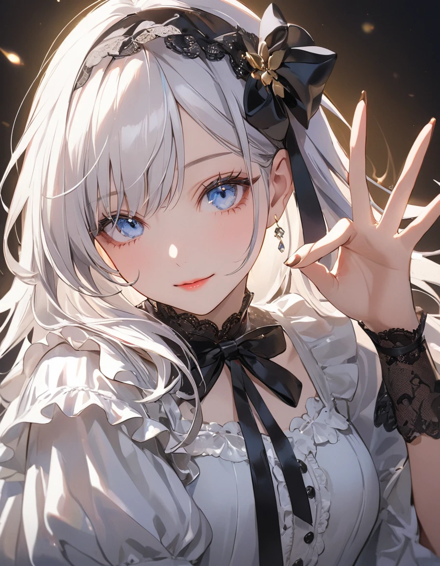 (top-quality),(masuter piece),Delicately drawn face,girl with a pretty face,beautiful detailed blue eyes,white lolita fashion,((beautiful detailed white costume)),(Beautiful silky white hair:1.2),black ribbon hair ornament,pale skin,film lighting,background is detailed shadow puppet,complex shadow puppet