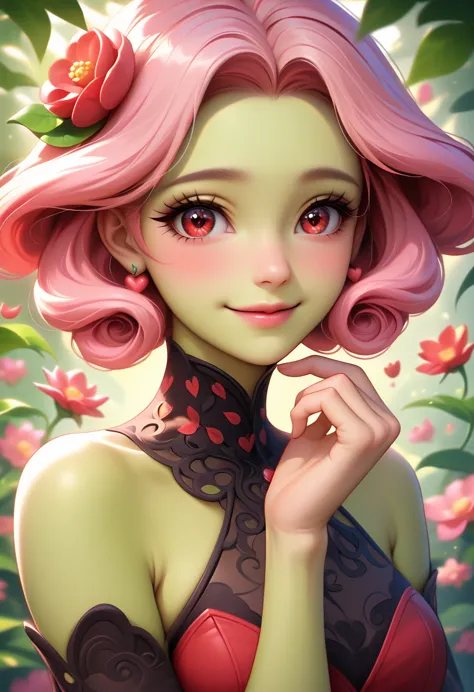 anime-style plant girl with vibrant green skin, pink hair cascading like flowers, leaves visibly adorning your body, exuding an ...