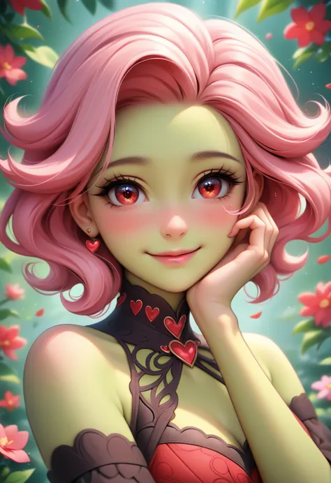 anime-style plant girl with vibrant green skin, pink hair cascading like flowers, leaves visibly adorning your body, exuding an ...