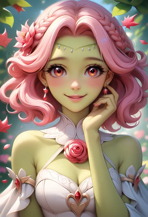 anime-style plant girl with vibrant green skin, pink hair cascading like flowers, leaves visibly adorning your body, exuding an ...