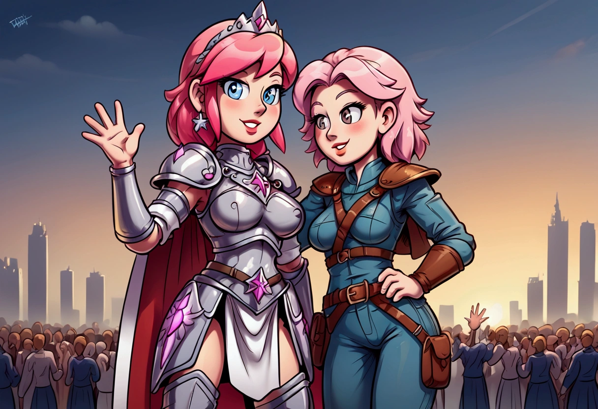 A giantess warrior princess with short pink hair, silver armor. She roams her small city waving hi to her small people 