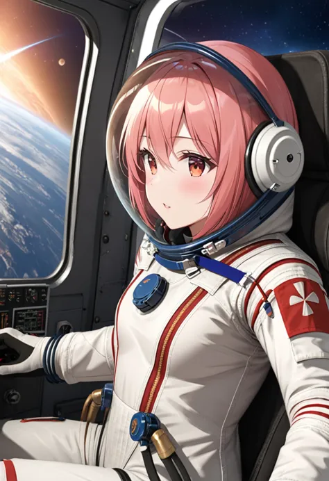 ((female pilot in the cockpit of a reconnaissance plane), (airplane cockpit), (in flight), (10000 feet altitude)、(sky view):1.7)...