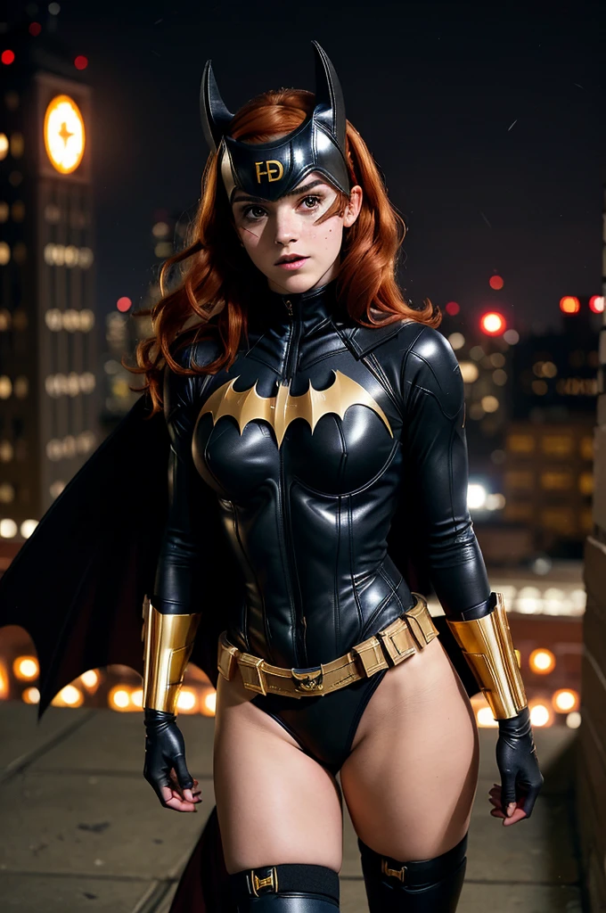 Batgirl, red hair, black bodysuit, gold bat symbol, gloves And boots, detailed utility belt, athletic build, nighttime in Gotham City, Emma Watson 