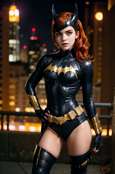 batgirl, red hair, black bodysuit, gold bat symbol, gloves and boots, detailed utility belt, athletic build, nighttime in gotham...