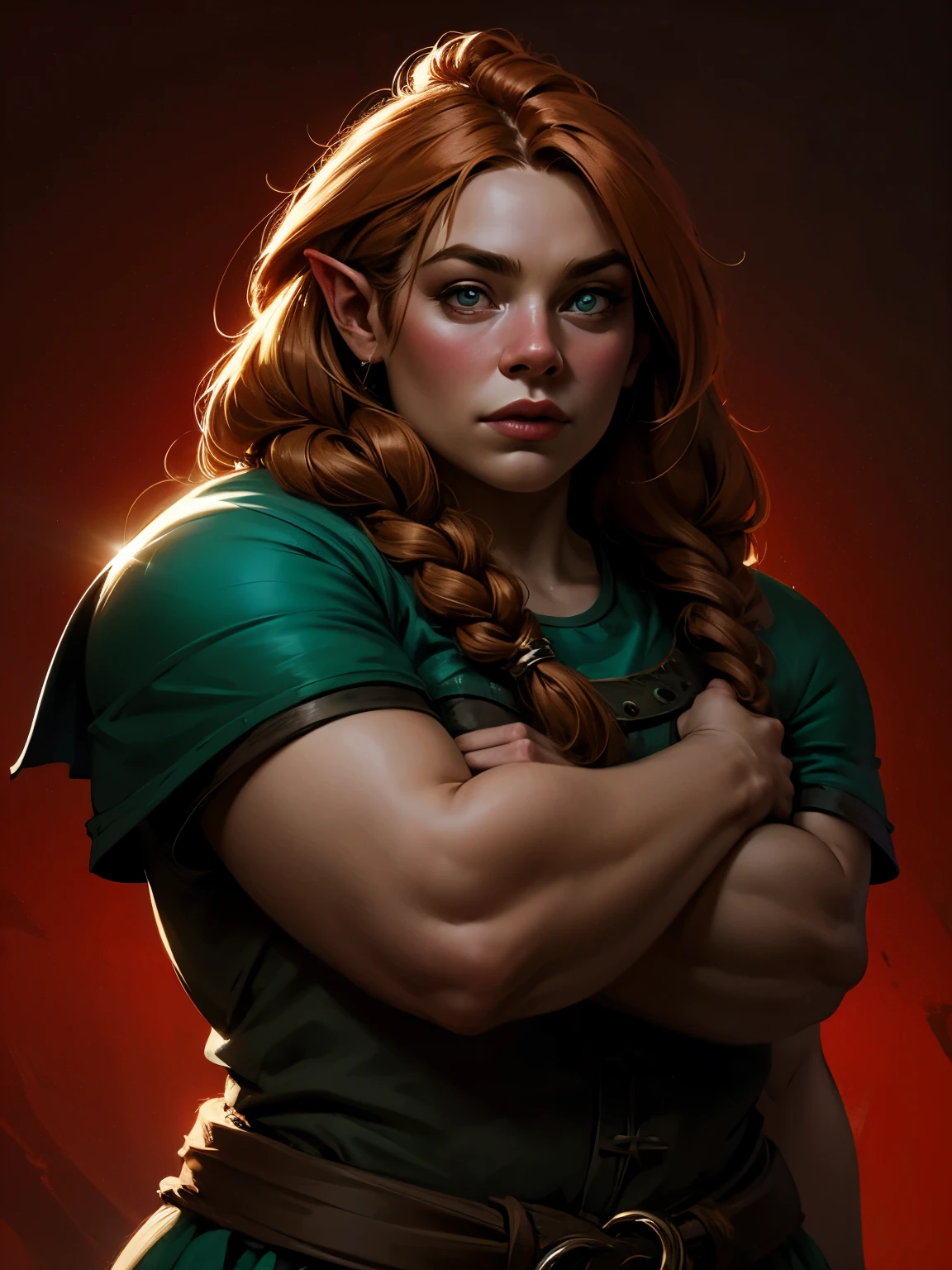 beautiful ginger ((dwarven woman)) in her 30s, with green eyes and striking features, exuding maturity and allure in a seductive pose.(dark-red background),(dwarf) female ,curvy, thick, chubby, short , small, beauty, ginger braided hair, an14