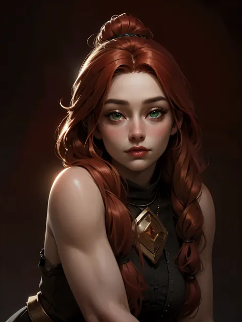 beautiful ginger ((dwarven woman)) in her 30s, with green eyes and striking features, exuding maturity and allure in a seductive...