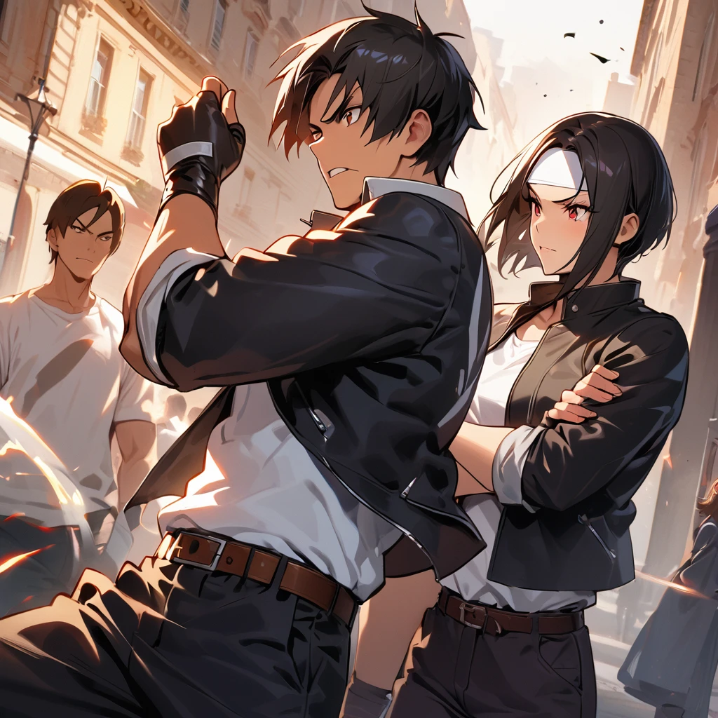 Masterpiece, 2 People, Two Shot, Best Quality, 8K, Full Hand Portrait, Action Pose, Fighting Scene: 1. 5,(kyo kusanagi), Man has dark skin, red eyes, one person, ((white headband))two shot, black jacket (rolled up arms), fingerless gloves, black hair, white t-shirt, black pants, white shoes, brown belt, ((kyo kusanagi fighting woman with same clothes and hairstyle))boyish, handsome, shot, charming, masterpiece, high resolution, fine face, fine grain, morning, confident full smile Man and woman fighting against the background of the Champs Elysees, same hair and clothes, angry man and woman, angry face, same hair and clothes: 1. attack speed 5, fast attack, angry face, angry face