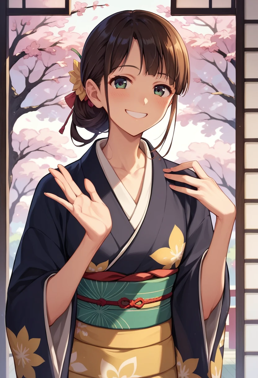 ((masterpiece)),((Ayako Katagiri)),((Katagiri Ayako)),((Full smile)),((Smile)),((happiness)),Healthy Beauty,(((kimono))),sexy,Anatomically perfect hands