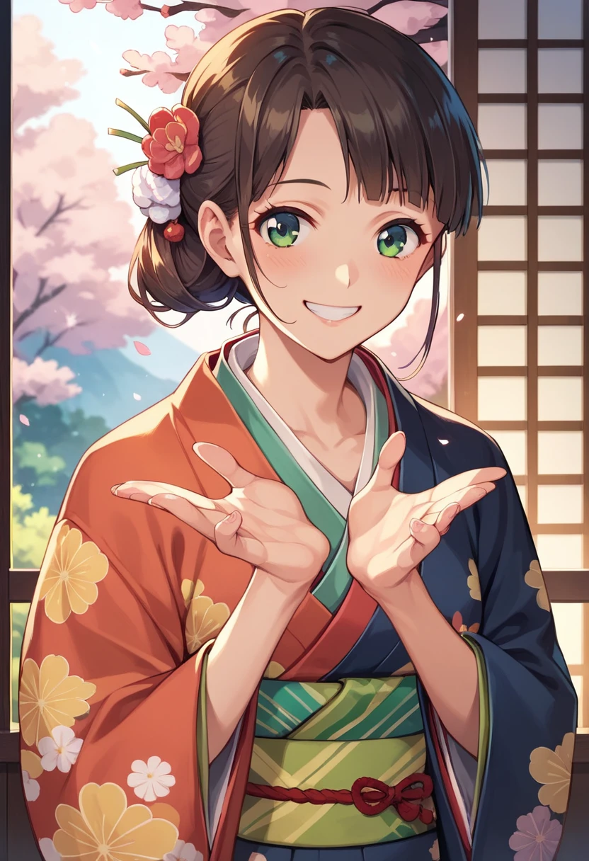 ((masterpiece)),((Ayako Katagiri)),((Katagiri Ayako)),((Full smile)),((Smile)),((happiness)),Healthy Beauty,(((kimono))),sexy,Anatomically perfect hands