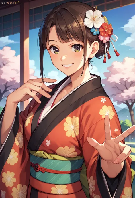 ((masterpiece)),((ayako katagiri)),((katagiri ayako)),((full smile)),((smile)),((happiness)),healthy beauty,(((kimono))),sexy,an...