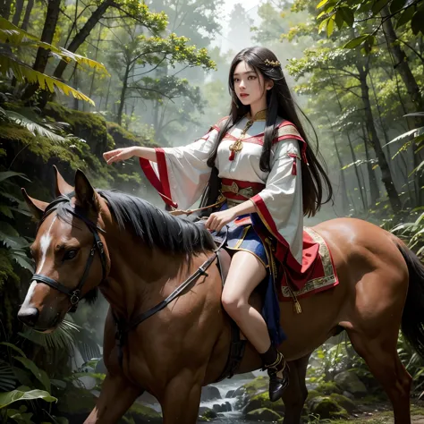 masterpiece，hd，photography-portrait-realistic style，girl in flowing ancient costume，take the reins，ride on the back of a strong ...