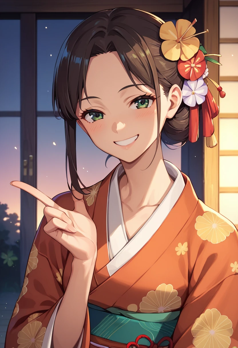 ((masterpiece)),((Ayako Katagiri)),((Katagiri Ayako)),((Full smile)),((Smile)),((happiness)),Healthy Beauty,(((kimono))),sexy,Anatomically perfect hands