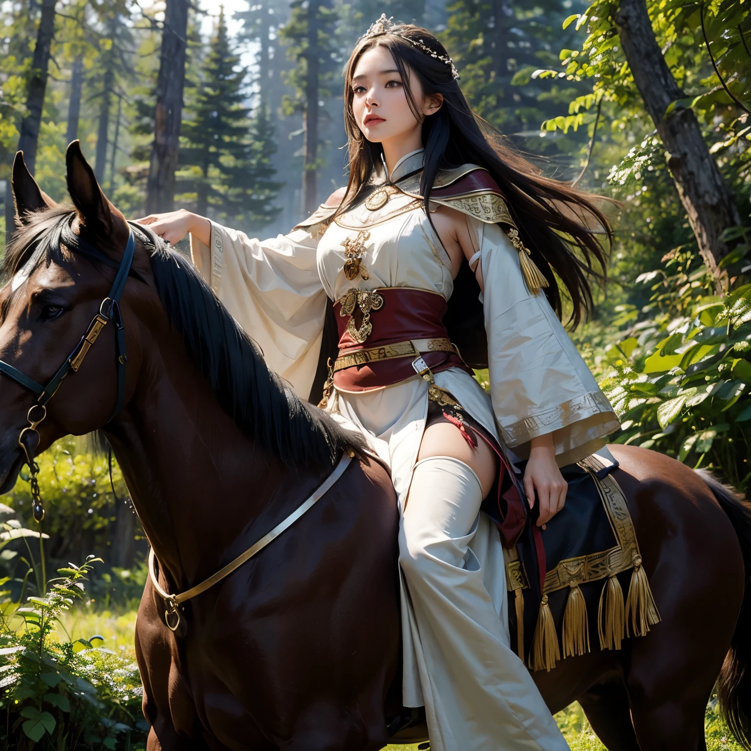 masterpiece，HD，Photography-Portrait-Realistic Style，girl in flowing ancient costume，Take the reins，Ride on the back of a strong Alaskan dog，Running in the green forest。girl&#39;Long hair fluttering in the wind，Determined gaze，Pretty Face。The desert wind blows her skirt，The sun was shining on her，Creates a warm and bright silhouette。The background is an endless desert，Sunset，The skyline is red。Use a realistic style，Emphasize light and texture，HD细节捕捉，展现girl的勇敢和美丽。