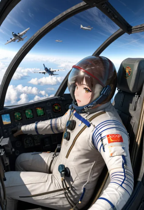 ((female pilot in the cockpit of a reconnaissance plane), (airplane cockpit), (in flight), (10000 feet altitude)、(sky view):1.7)...