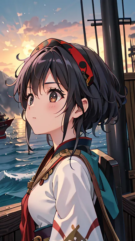 pirate ship,lots of pirates, cannon, war, (海賊war:1.5),girl dressed as a pirate, one girl,black hair,pirate ship,lots of pirates,...