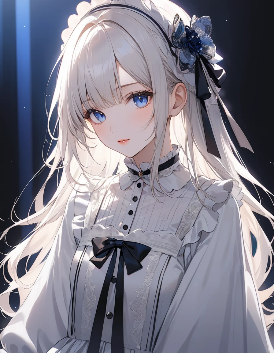 (silhouette art)),(top-quality),(masuter piece),Delicately drawn face,girl with a pretty face,beautiful detailed blue eyes,white lolita fashion,((beautiful detailed white costume)),(Beautiful silky white hair:1.2),black ribbon hair ornament,pale skin,spot lighting,(background is silhouette of birdcage),cowboy shot