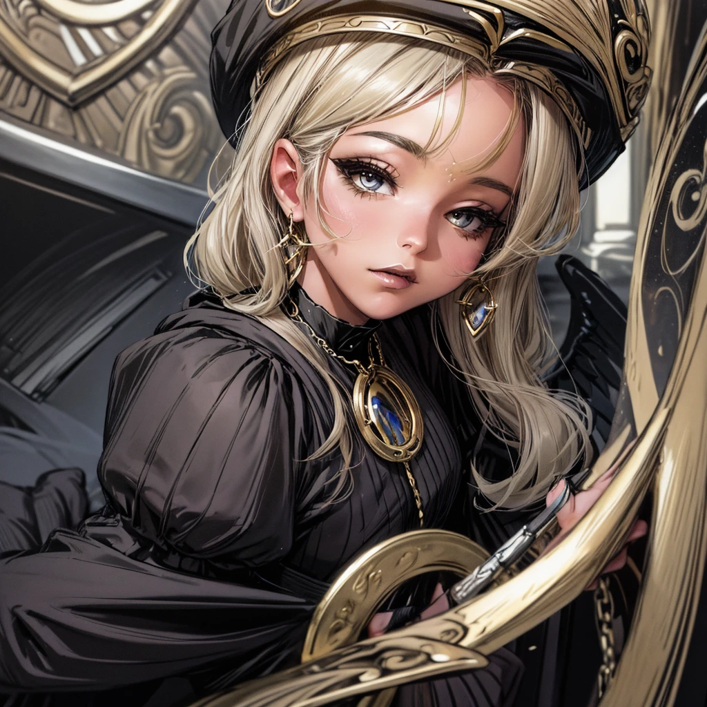 (masterpiece:1.2), (best quality:1.2), perfect eyes, perfect face, perfect lighting, 1girl, mature female wizard casting a dark spell atop a cliff, staff, medium blond hair, curly hair, mage_glam, black and gold robes, long sleeves, necklace, chains, straps, belts, stockings, garters, wizard hat, long nails, detailed background, makeup, eyeshadow, thick eyelashes, fantasy, looking at the viewer  