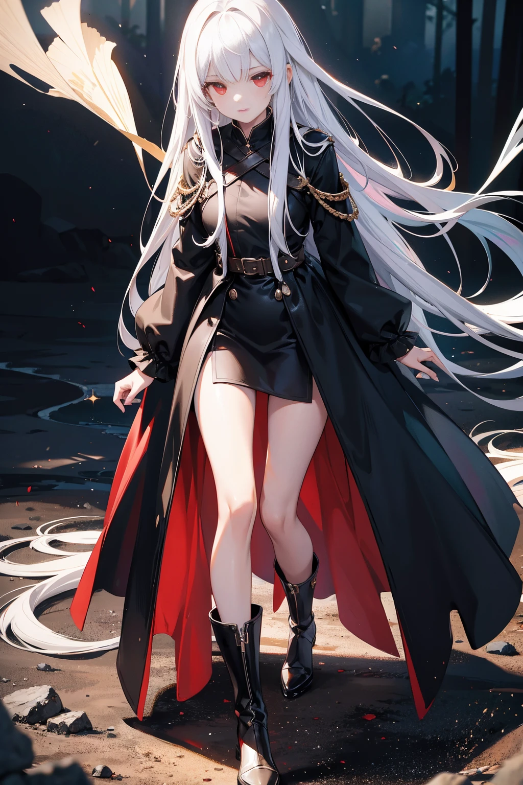 Girl with long white hair down to her waist, with small red details, red eyes, long black dress with a leg slit, with red details, long black boots up to below the knees, white skin, the ground around her is cracking and small stones are floating around her surrounded by a black aura, she is surrounded by shadows, and the background is dark like the night with the universe and stars, her presence causes fear, her shadow appears to be a monster, 8k, high quality, full body, (ultra-realistic), {extremely detailed 8k CG unit wallpaper}, expansive landscape photograph, (light: 2.0), (warm light source: 1.5), complex details, (iridescent colors: 1.5), (bright lighting), (atmospheric lighting), surreal, impressive, fantasy, (Solo: 1.2)
