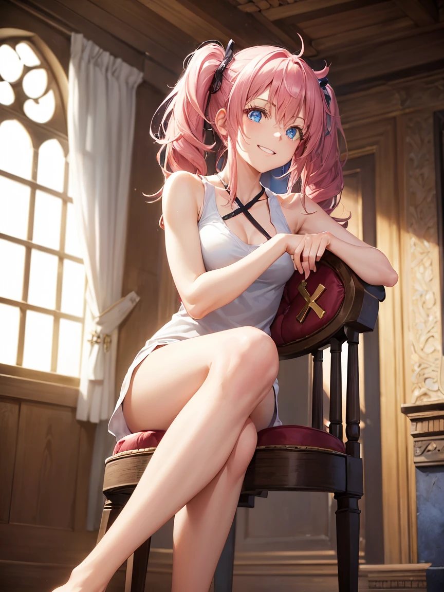 ((woman)), (Very messy hair), (Smile),, Toned arms and legs, Medium chest, Excessive sweating, (((Inside the castle))), Bright Blue Eyes, barefoot, (((Sit cross-legged on a chair))), ((Use only dental floss)), Twin tails, Pink Hair, Shine髪, Eye Reflexes, Glowing Eyes, anime, anime style, Cinema Lighting, Motion Blur, Shine, jpeg artifacts, Shine光, God&#39;s Rays, Ray Tracing, reflected light, Backlight, Cast a Shadow, Panorama, Sony FE, UHigh resolution, masterpiece, Accurate, Anatomically correct, Highest quality, Super Detail, High resolution, High resolution, 16K