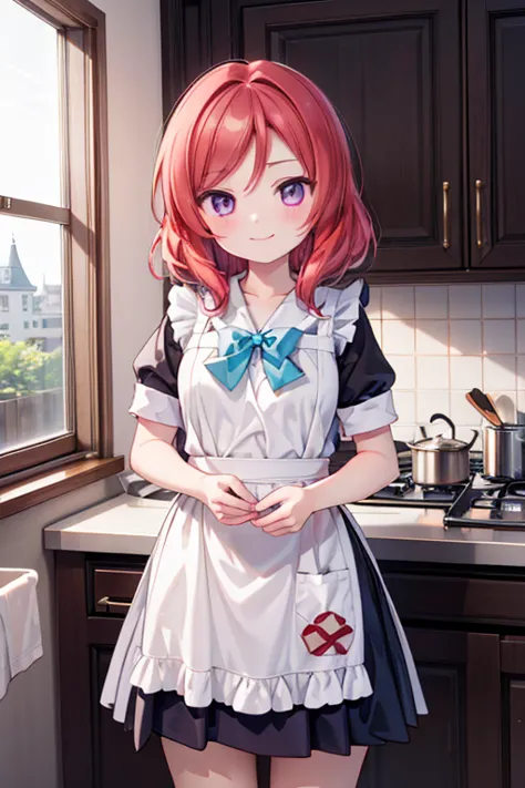 (highest quality、masterpiece)、one girl、alone、アニメ、cute、nishikino maki、kitchen、smile、looking at the camera、ultra hi resolution pic...