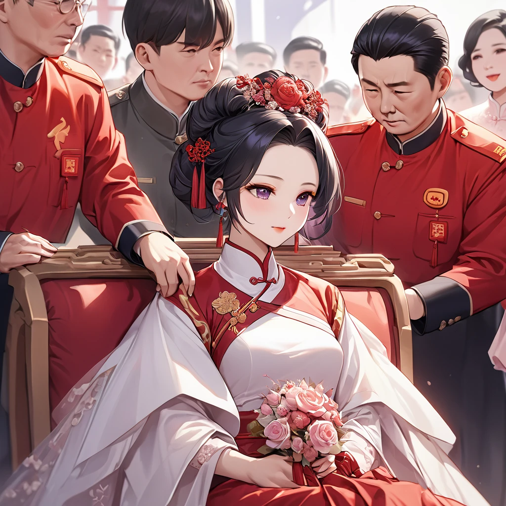 ((Highest quality)), ((masterpiece)), (detailed), （Perfect Face）、The woman is a Chinese woman named Kocho Shinobu, with black hair in a purple gradient bob with evening hair updos, and is wearing an engagement ring. She has become a member of the glorious Chinese Communist Party and has sworn absolute loyalty to it. She is a righteous Communist Party member of the ruling China and the wife of a great old Communist Party official.、The woman is wearing a gorgeous and gorgeous wedding dress made by a Chinese Communist Party member and is getting married to a dignified elderly Communist Party official.、For the sake of China, their hairstyles, clothes, and everything they wear are all Chinese Communist Party items, and their thoughts are also Chinese, becoming great Chinese in body and mind.、The woman became Shinobu Kocho, a Chinese woman who was proud of China, loved it and devoted herself to it.