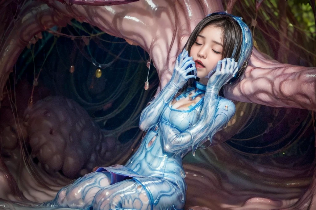 too many creepy tentacles are (((licking))) Asian school girl (inside creature:1.4) of stinky saliva fluids in fantasy, (stinky dress), wet girl, sitting, ((looking at the viewer)), wet skin, bukkake, anguished, bound by slimy tentacles, bdsm, vine, sitting in a mirror, she is resisting from cum shot, fetish, pussy juice stain, (she is hiding her mouth:1.5) inside creature, slimy ((wet skin)) dripping, (beautiful eyes), dried saliva, ((steaming)), depth of field, 1girl, solo, censored