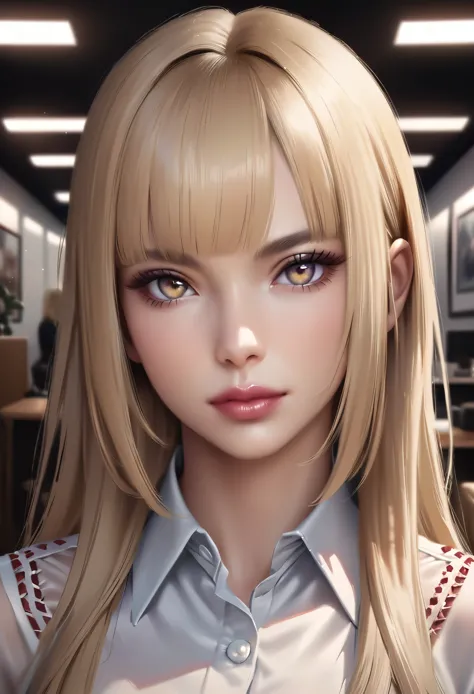 top quality, (realistic:1.2), one girl, alone, detailed face, face focus, standing, blonde long straight, office lady, ribbon-ri...