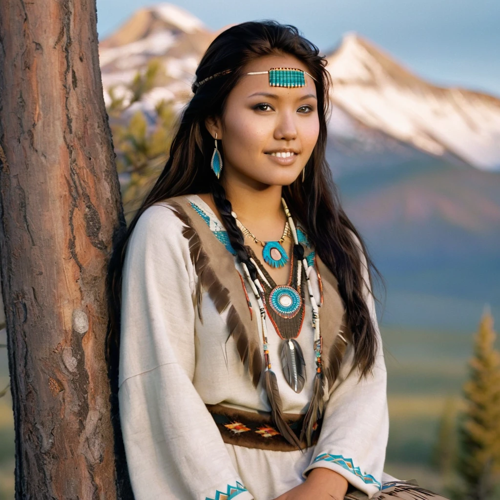 (grainy:0.5), cinematic, beautiful girls 25 year old native american,fantasy,(solo:1.3), detailed eyes, detailed face, detailed native american sexy clothing, volumetric lighting, dusk, extremely detailed background, standing next to tree and mountain, smiling, half closed brown eyes, tilted head, from side, sitting next to her Grizzly Bear