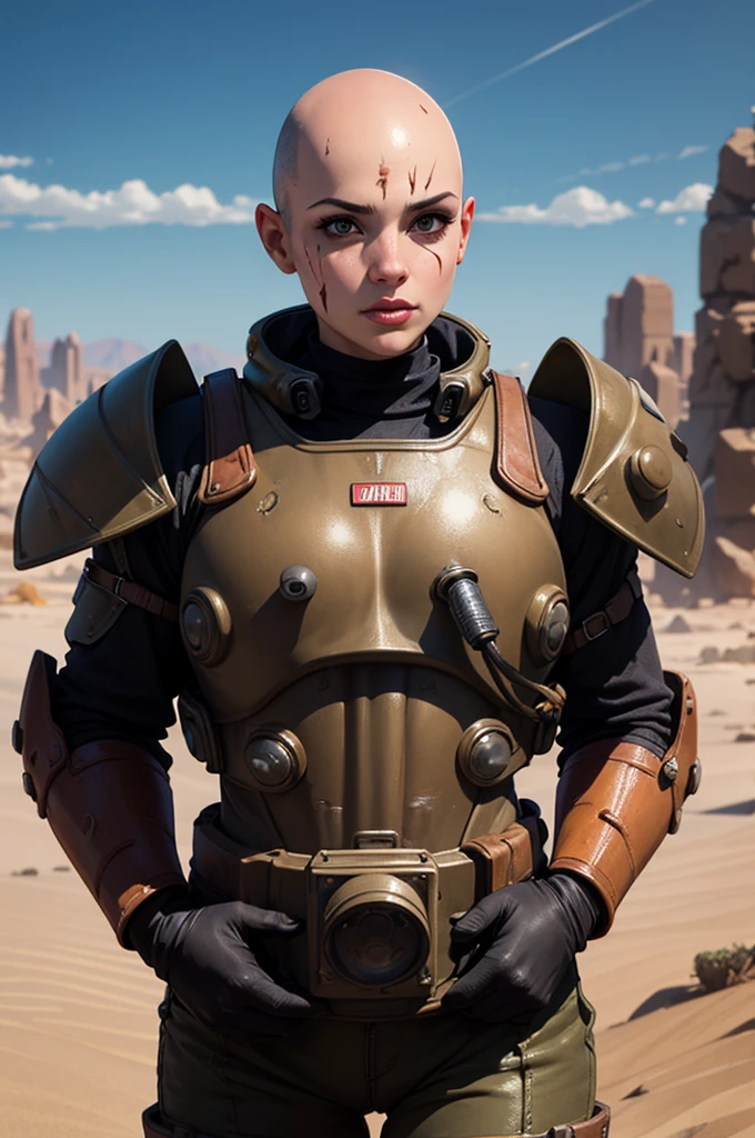 ((Best quality)), ((masterpiece)), (detailed), 1 girl, bald head, no hair, desert, scar in face, young face, black  massive super power armor