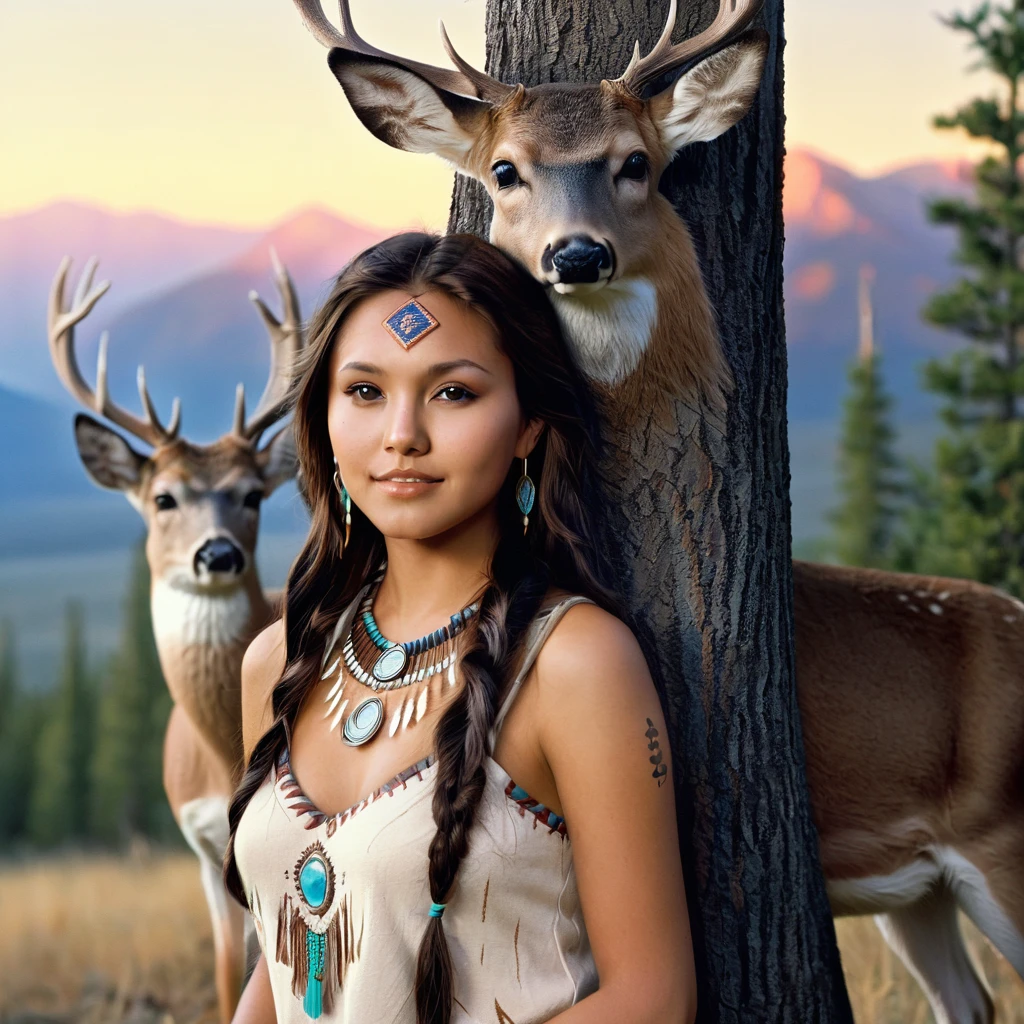 (grainy:0.5), cinematic, beautiful girls 25 year old native american,fantasy,(solo:1.3), detailed eyes, detailed face, detailed native american sexy clothing, volumetric lighting, dusk, extremely detailed background, standing next to tree and mountain, smiling, half closed brown eyes, tilted head, from side, sitting next to her White-tailed Deer