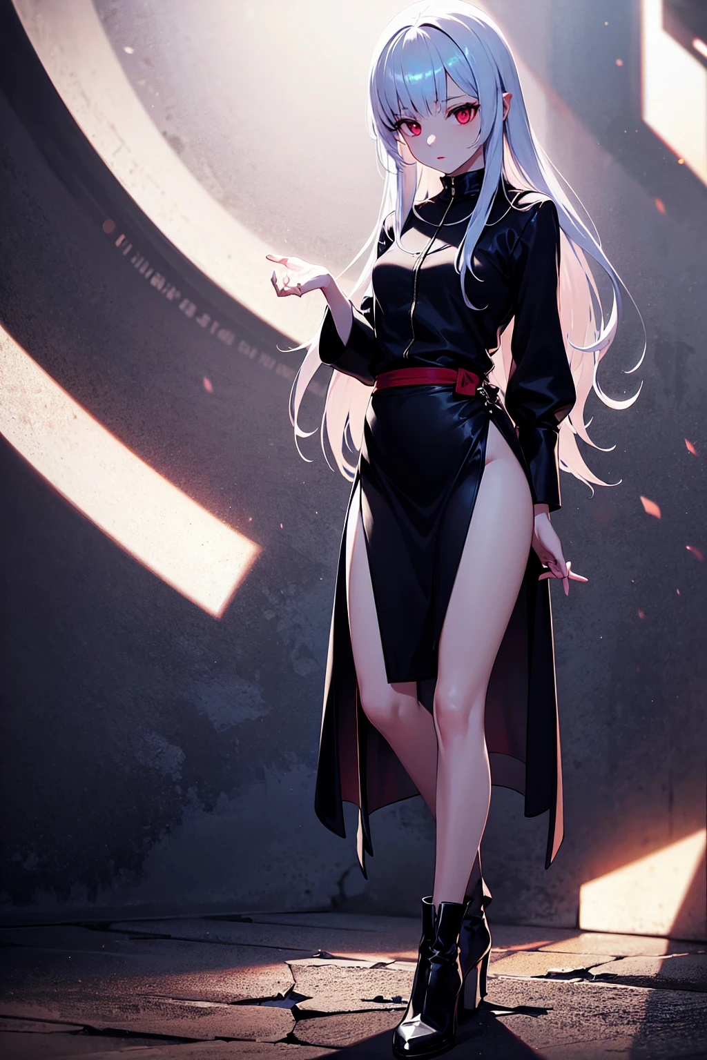 Girl with long white hair down to her waist, with small red details, red eyes, long black dress with a leg slit, with red details, long black boots up to below the knees, white skin, the ground around her is cracking and small stones are floating around her surrounded by a black aura, she is surrounded by shadows, and the background is dark like the night with the universe and stars, her presence causes fear, her shadow appears to be a monster, 8k, high quality, full body, (ultra-realistic), {extremely detailed 8k CG unit wallpaper}, expansive landscape photograph, (light: 2.0), (warm light source: 1.5), complex details, (iridescent colors: 1.5), (bright lighting), (atmospheric lighting), surreal, impressive, fantasy, (Solo: 1.2)
