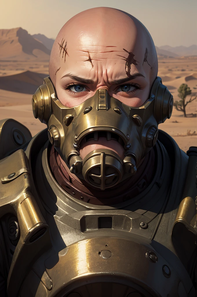 ((Best quality)), ((masterpiece)), (detailed), 1 girl, bald head, no hair, desert, scar in face, young face,Black and Gold Anatomical Massive Power Armor