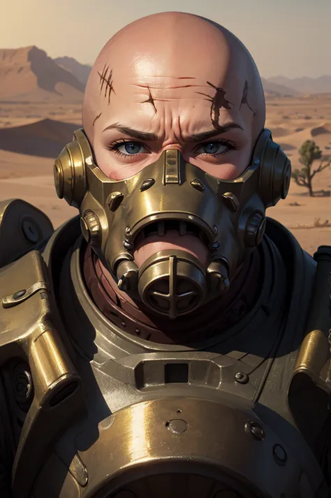 ((best quality)), ((masterpiece)), (detailed), 1 girl, bald head, no hair, desert, scar in face, young face,black and gold anato...