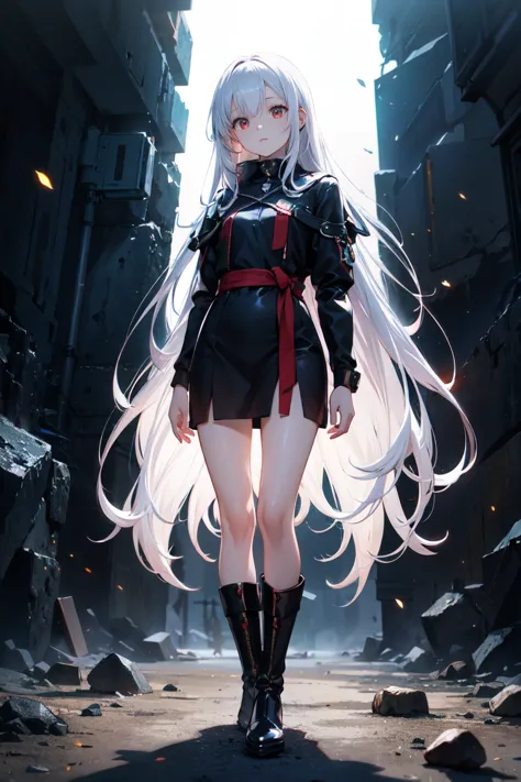 girl with long white hair down to her waist, with small red details, red eyes, long black dress with a leg slit, with red detail...