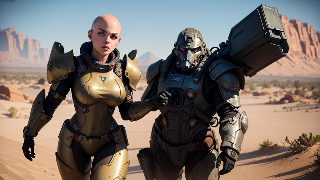 ((Best quality)), ((masterpiece)), (detailed), 1 girl, bald head, no hair, desert, young face,Black and Gold Anatomical Massive Power Armor