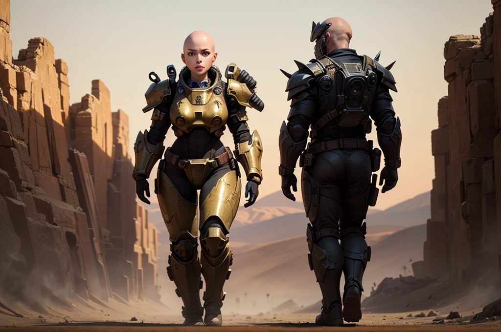 ((Best quality)), ((masterpiece)), (detailed), 1 girl, bald head, no hair, desert, young face,Black and Gold Anatomical Massive Power Armor