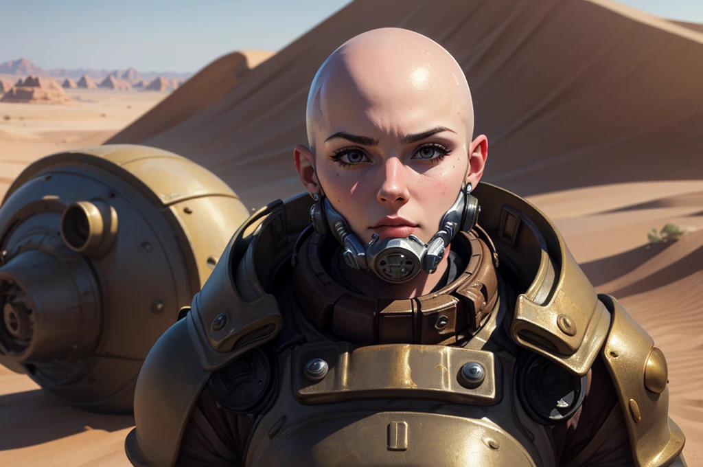 ((Best quality)), ((masterpiece)), (detailed), 1 girl, bald head, no hair, desert, young face,Black and Gold Anatomical Massive Power Armor