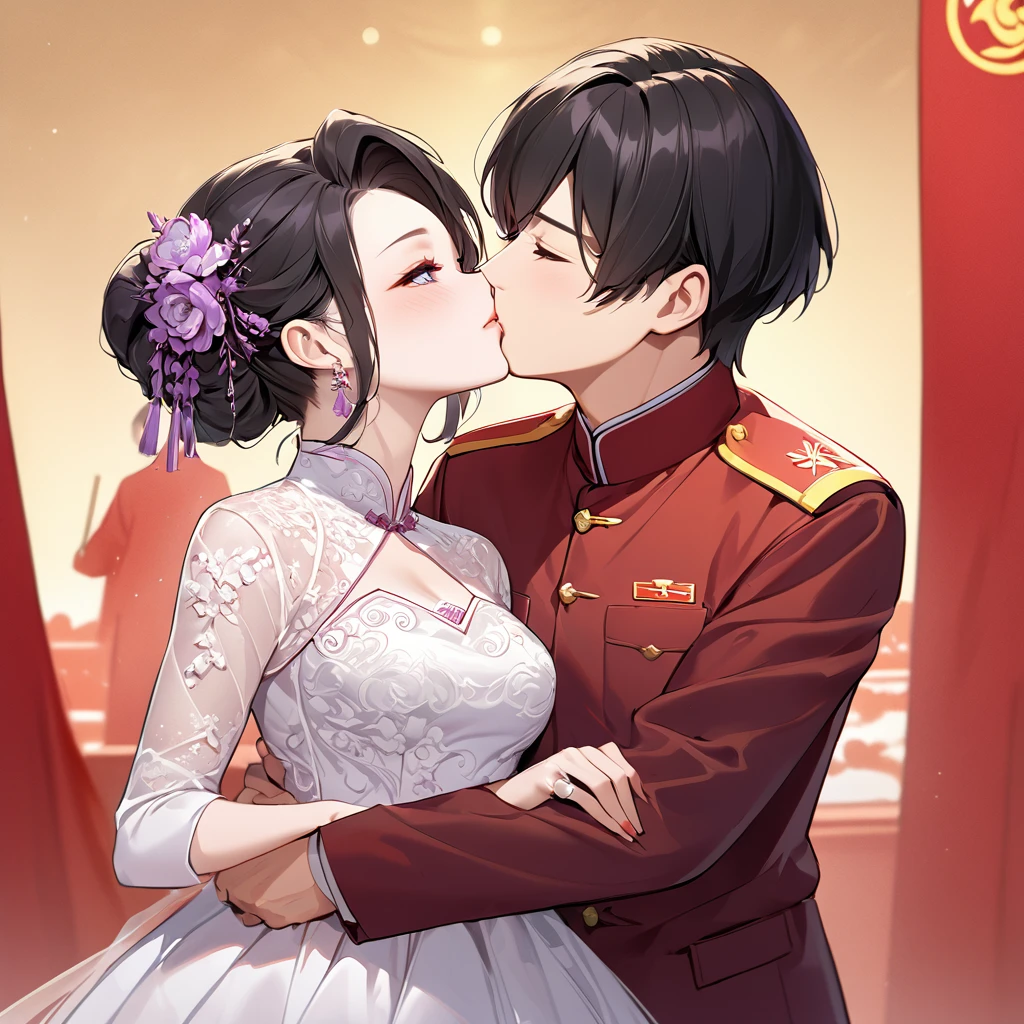 ((Highest quality)), ((masterpiece)), (detailed), （Perfect Face）、The woman is a Chinese woman named Kocho Shinobu, with black hair in a purple gradient bob with evening hair updos, and is wearing an engagement ring. She has become a member of the glorious Chinese Communist Party and has sworn absolute loyalty to it. She is a righteous Communist Party member of the ruling China and the wife of a great old Communist Party official.、The woman is wearing a gorgeous and gorgeous wedding dress made by a Chinese Communist Party member, embracing and kissing a dignified elderly Communist Party official in a wedding ceremony.、For the sake of China, their hairstyles, clothes, and everything they wear are all Chinese Communist Party items, and their thoughts are also Chinese, becoming great Chinese in body and mind.、The woman became Shinobu Kocho, a Chinese woman who was proud of China, loved it and devoted herself to it.