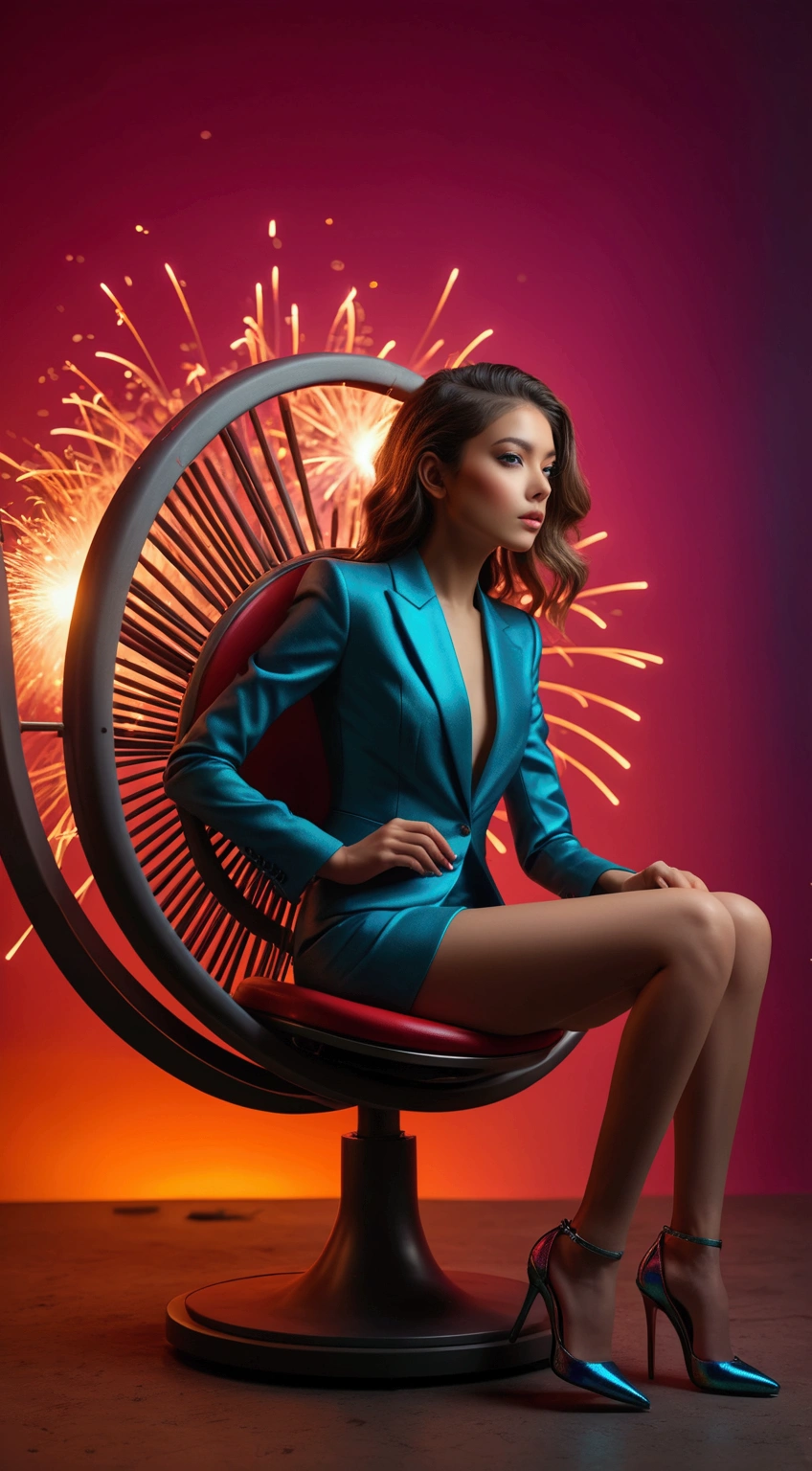 image of a {1girl stunning pose, photo_model pose, sitting in a spinning chair, perfect proportional anatomy, girl with high heels, futuristic fashion suit, UHD, intricate detailed, 8k, best quality ever, masterpiece, super detailed, unleashed creativity, beyond imagination, dramatic light, gradient motion color background}, rough, massive multi color light and firecrackers all over the background place, weathered and textured, slow shutter speed motion photography, shot on FufjiFilm XT4 camera f/2. ISO 200