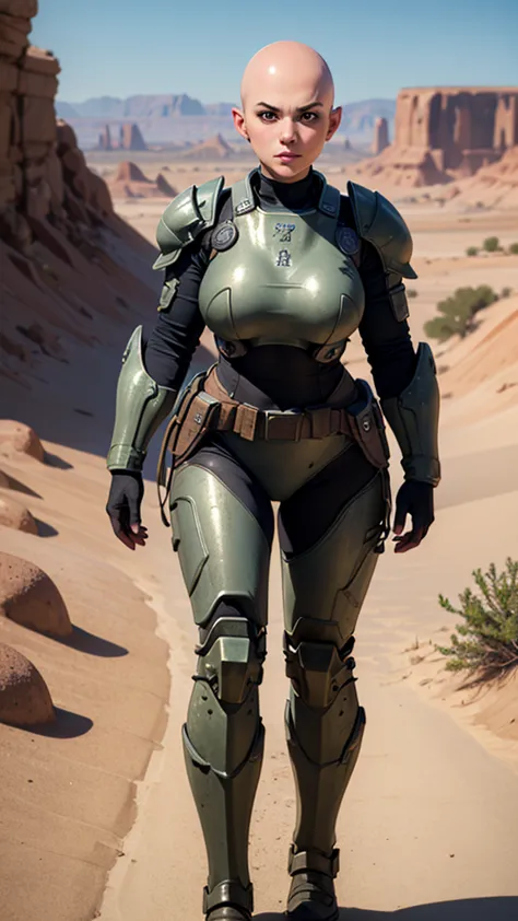 ((best quality)), ((masterpiece)), (detailed), 1 girl, bald head, no hair, desert, young face,black massive power armor