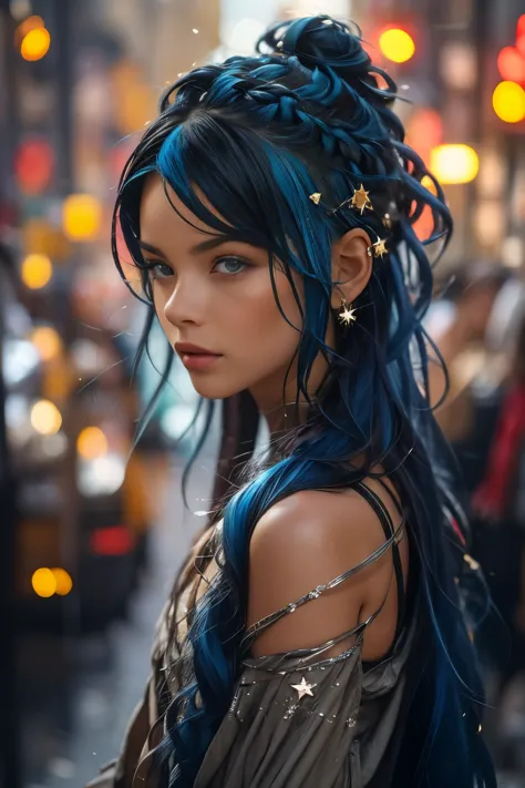 extremely beautiful, 1 girl, she is an impressive young woman with bright blue hair, that falls in loose waves on her shoulders....