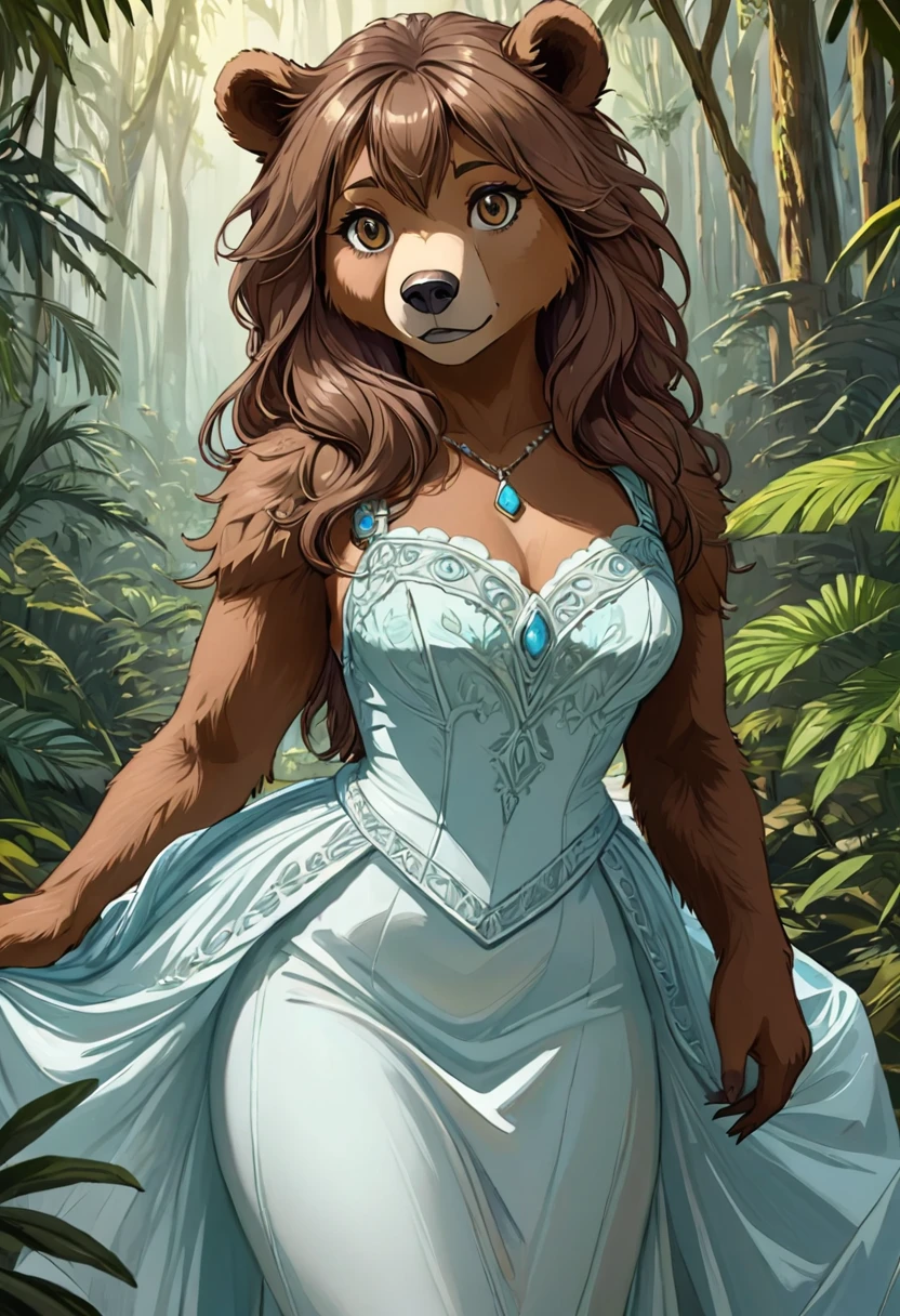 female bear mid transformation, solo, masterpiece, best art, victorian dress. detailed hands, detailed eyes, detailed torso, jungle, expression, transformation, human face, brown shaggy hair.
