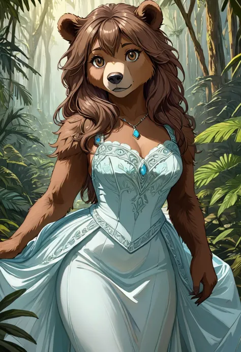 female bear mid transformation, solo, masterpiece, best art, victorian dress. detailed hands, detailed eyes, detailed torso, jun...